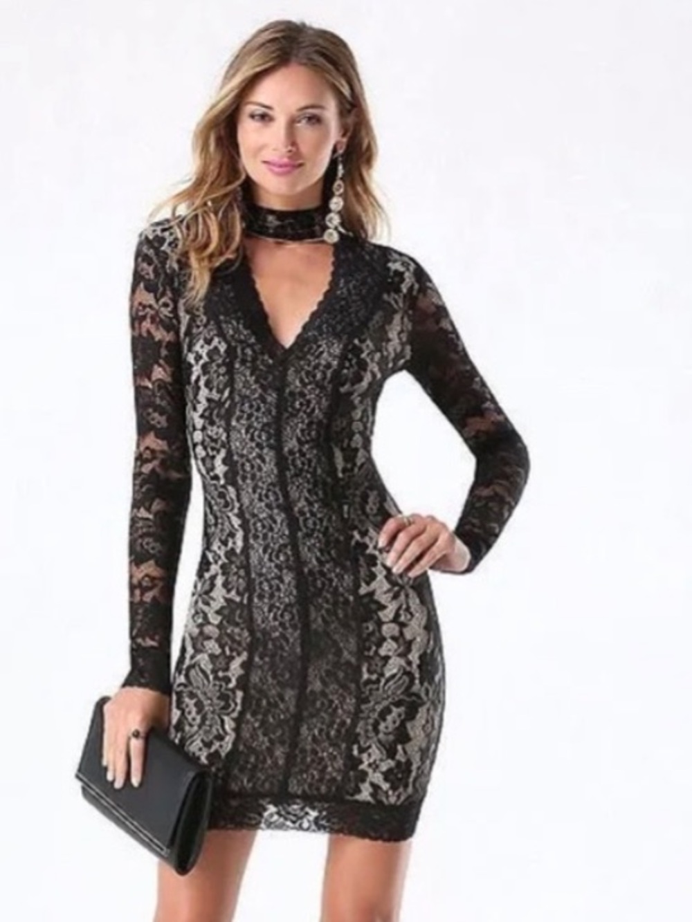 Bebe Lace Panel Mock Neck Dress Feminine Event Party Special Occasion Brand New